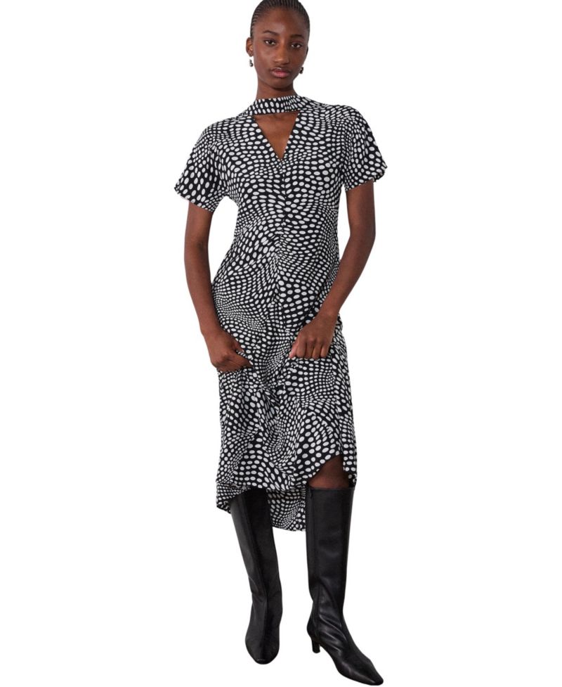 Women's Mixed Dot Scarf Polka-Dot Tie-Neck Short-Sleeve Midi Dress