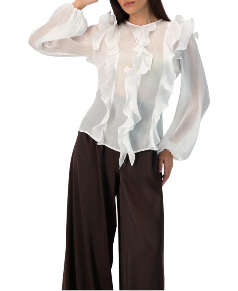 Women's Long Sleeve Sheer Blouse with Ruffle Detail
