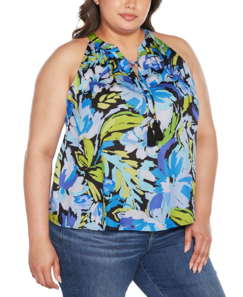 Black Label Plus Size Abstract Floral Tie-Neck Sleeveless Top