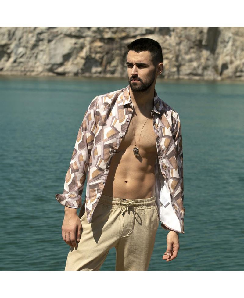 Men's Pale Yellow & Mocha Brown Abstract Block Shirt