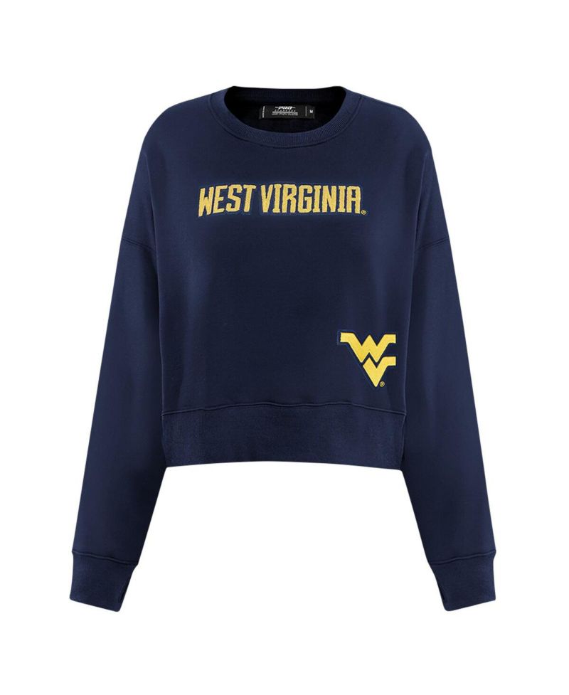 Women's Navy West Virginia Mountaineers Sequin Boxy Cropped Pullover Sweatshirt
