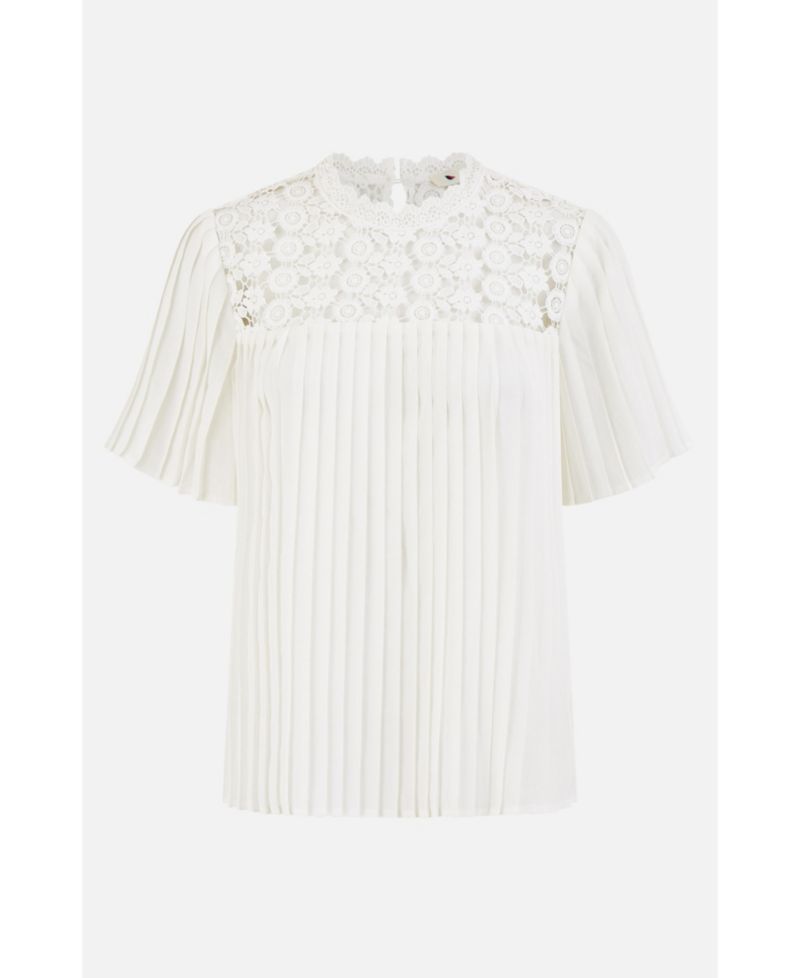 Women's Lace Panel Pleated Short Sleeve Top