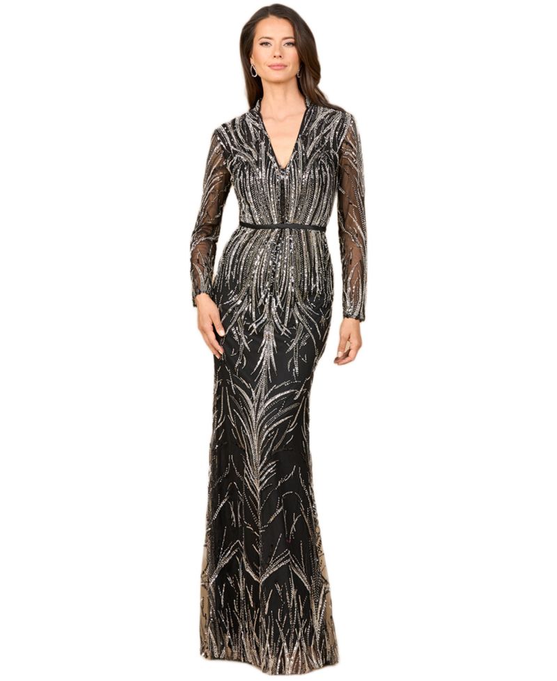Women's Mandarin V-Neck Gown with Long Sleeves