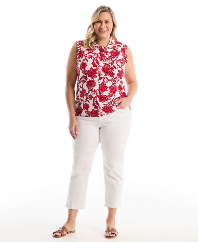 Plus Size Botanical Print Ruffle Trim Sleeveless Polo Shirt