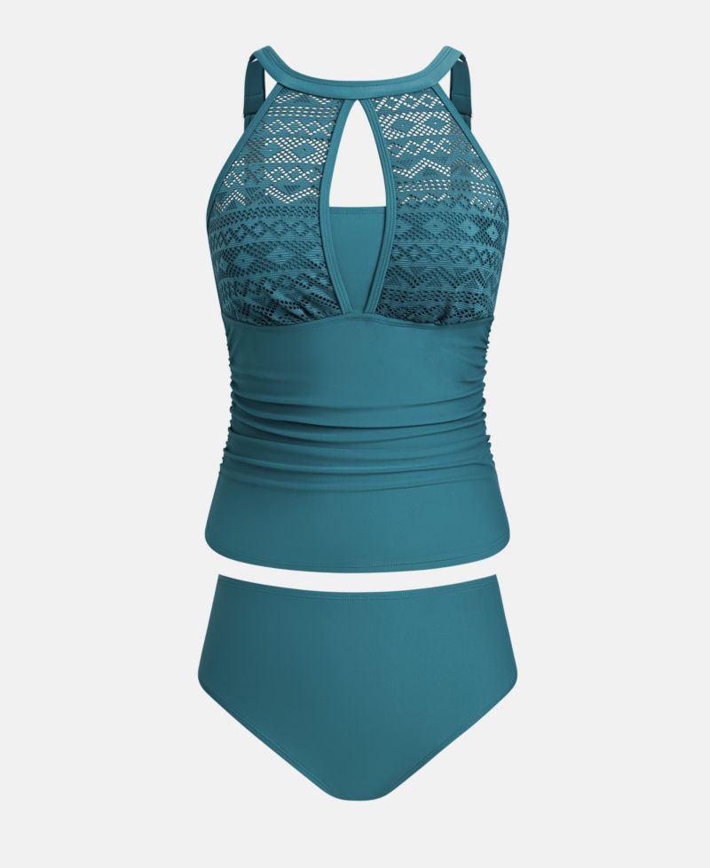 Women's High Neck Mesh Cutouts Adjustable Straps Tankini Sets