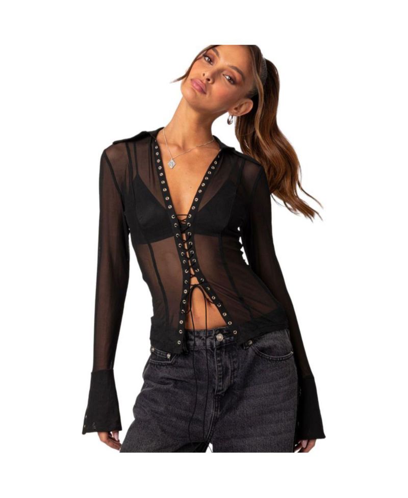 Women's Lace up sheer mesh top