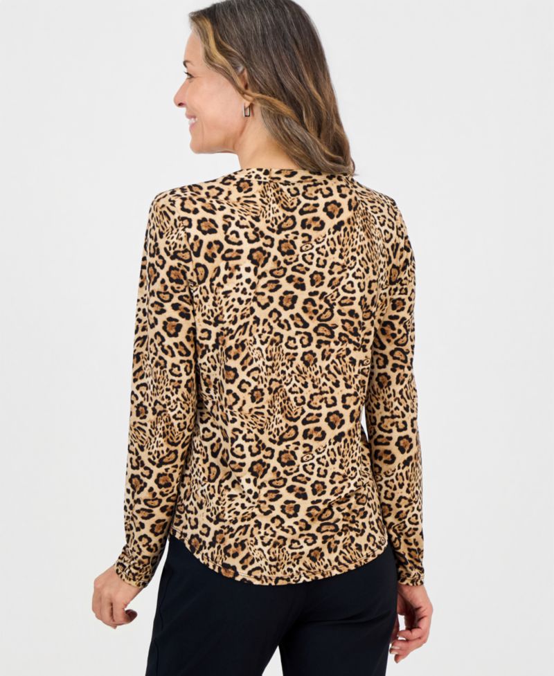 Petite Long-Sleeve V-Neck Leopard-Print Blouse