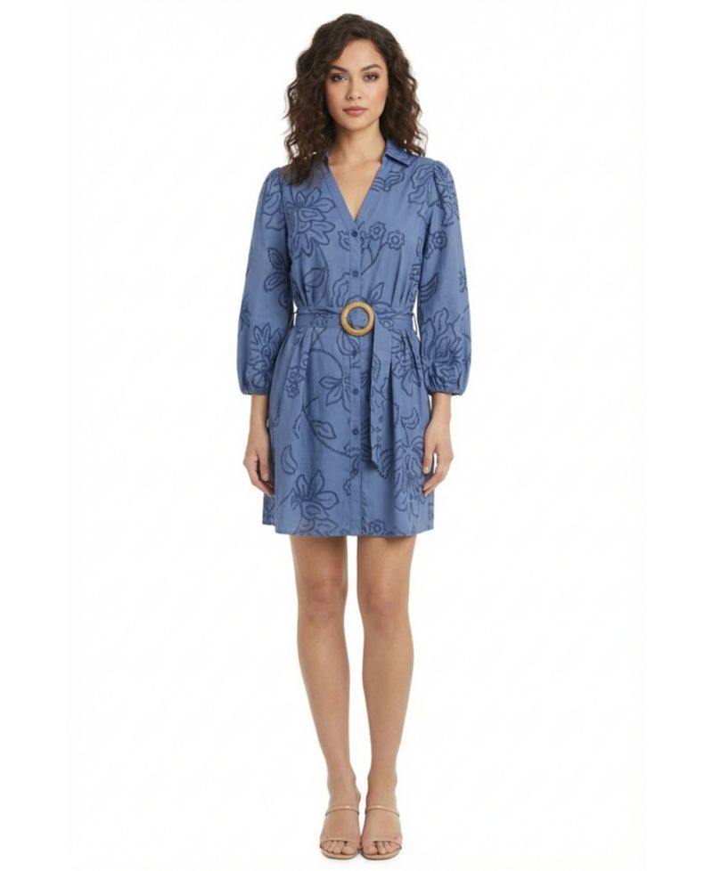 Petite Belted Embroidered Collared Shirt Dress