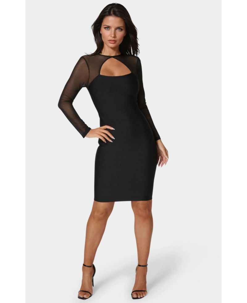 Women's Long Sleeve Mesh Peek a Boo Bandage Dress