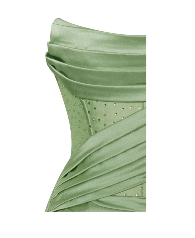 Women Holly Basil Crystallized Corset High Slit Satin Gown