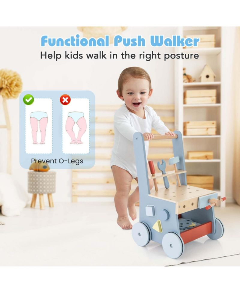 2-in-1 Wooden Baby Push Walker with Multi-Activity Center Bottom
