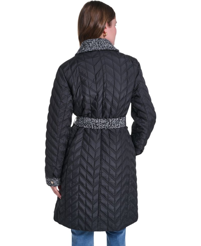 Women's Long Quilted Tweed-Trim Coat