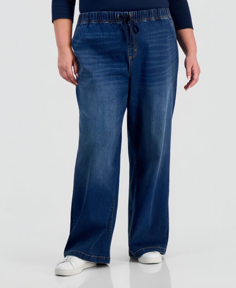 Plus Size High-Rise Pull-On Wide-Leg Jeans