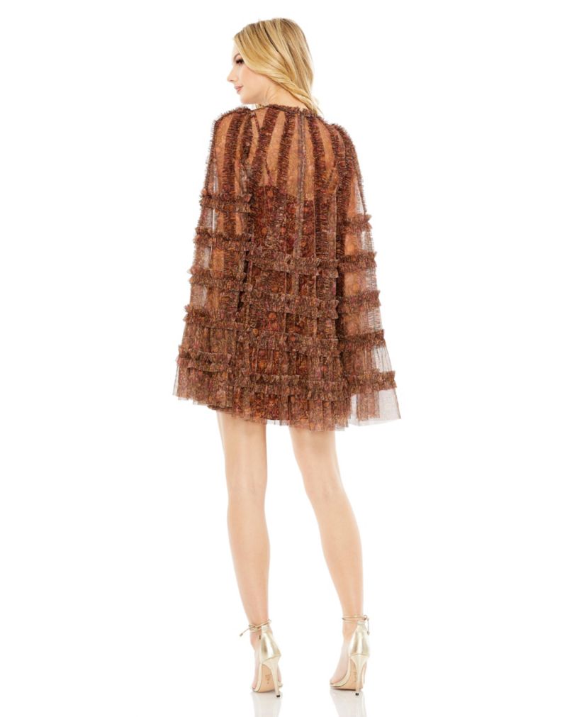 Women's Floral Print Long Flare Sleeve Mesh A-Line Dress