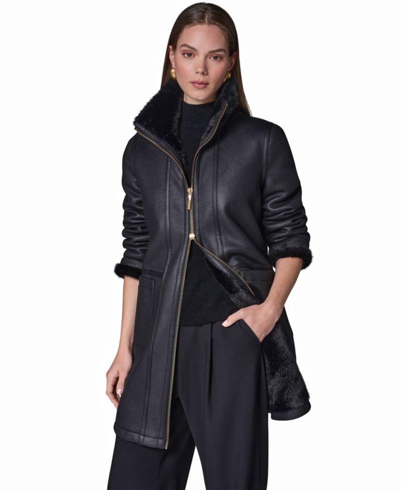 Women's Faux Shearling Long-Sleeve Spread Collar Coat