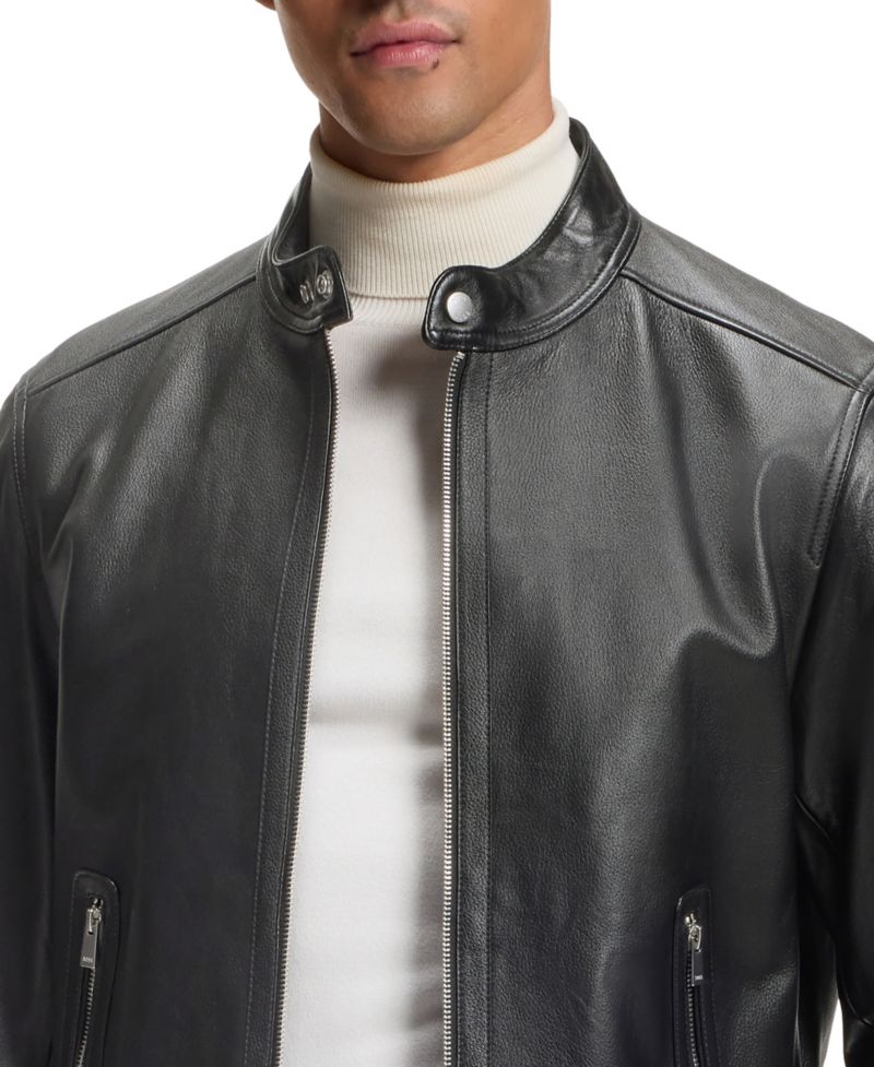BOSS by Men's Grained-Leather Regular-Fit Motorcycle Jacket