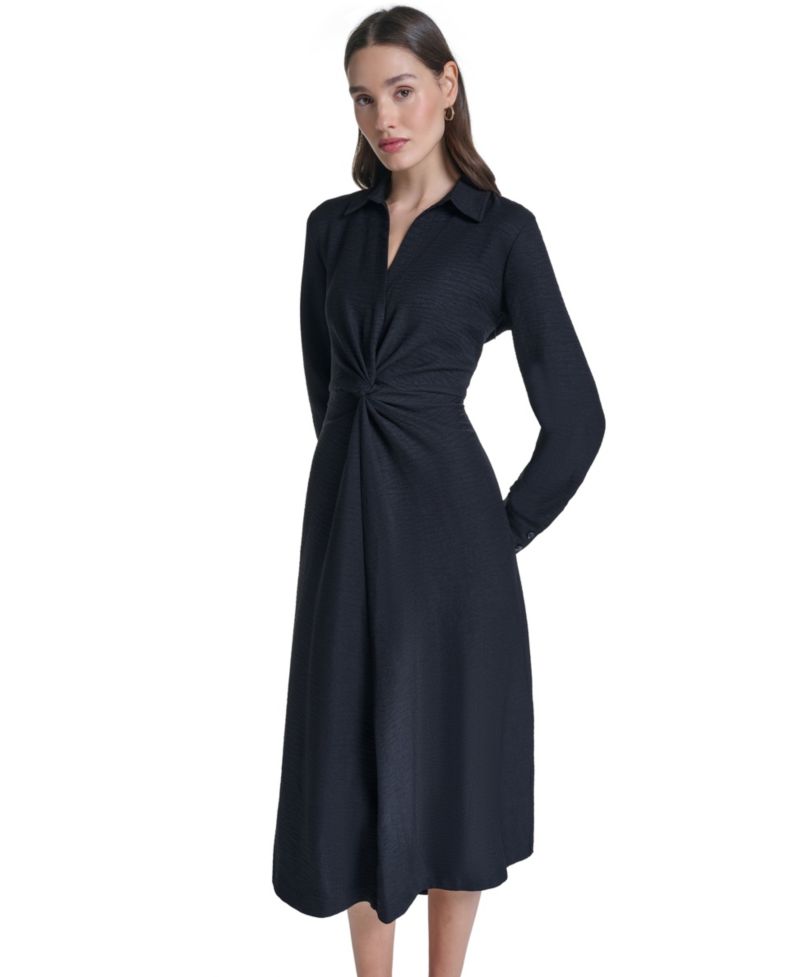 Women's Collared V-Neck Front-Twist Midi Dress