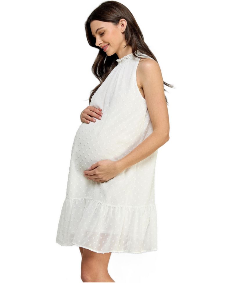 Women's Swiss Dot Mock Neck Dress with Ruffle Hem