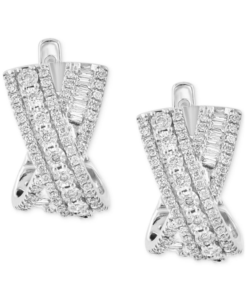 EFFY® Diamond Round & Baguette Crossover Huggie Hoop Earrings (7/8 ct. t.w.) in 14k White Gold