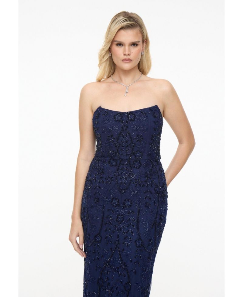 Women's Embellished Sequin Beaded Maxi Strapless Dress
