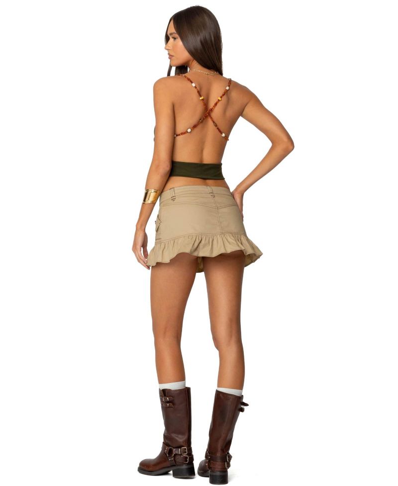 Women's Beaded Deep Cowl Neck Backless Top