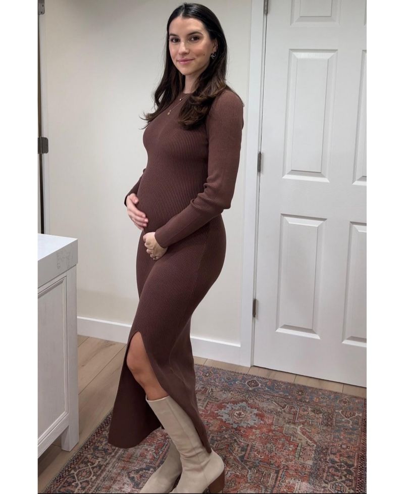 Women's Mocha Ribbed Knit Long Sleeve Side Slit Maxi Dress