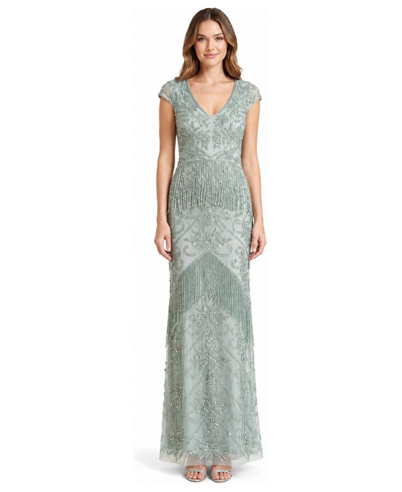 Plus Size Cap-Sleeve Beaded Fringe Gown