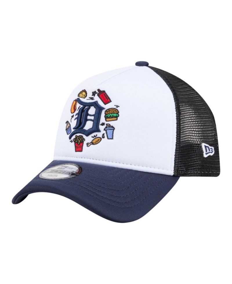 Big Boys and Girls White/Navy Detroit Tigers Food A-Frame 9FORTY Trucker Adjustable Hat