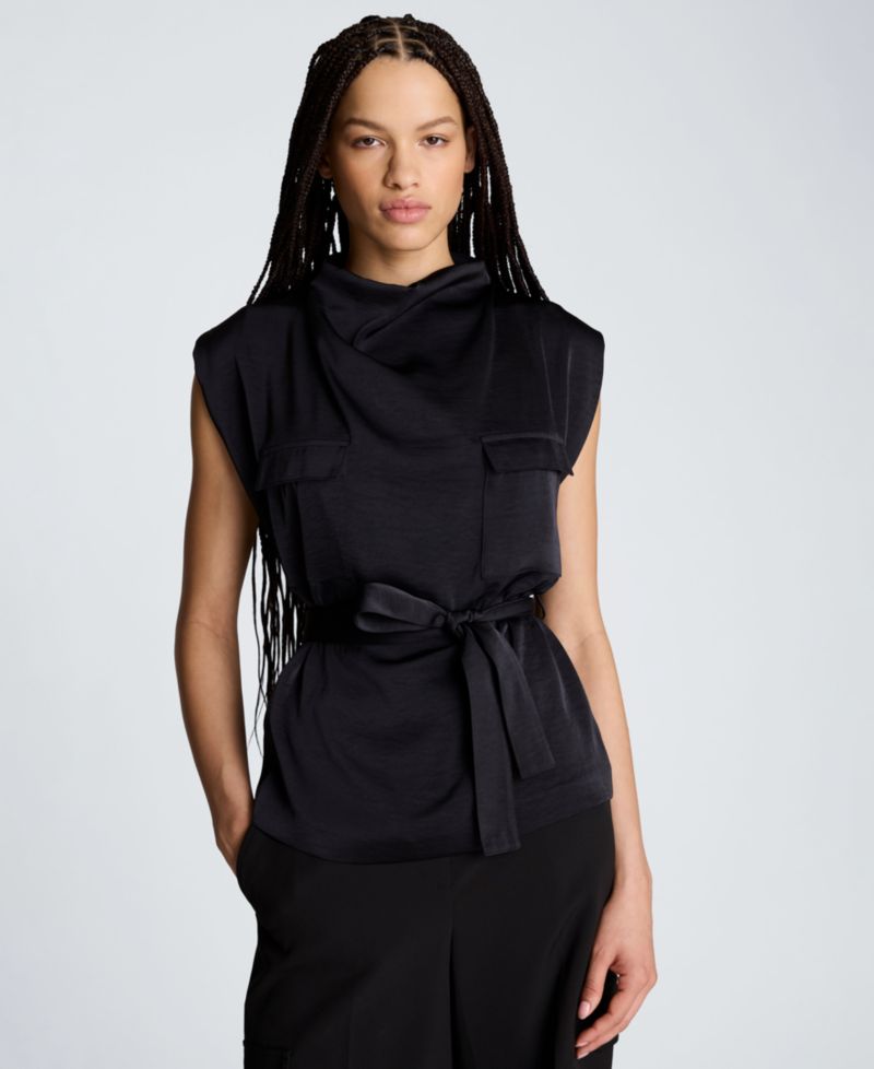 Women's Satin High Cowl Neck Tie Front Blouse with Chest Pockets