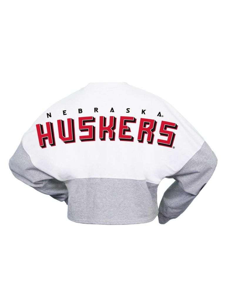 Women's White Nebraska Huskers Heather Block Cropped Long Sleeve Jersey T-shirt
