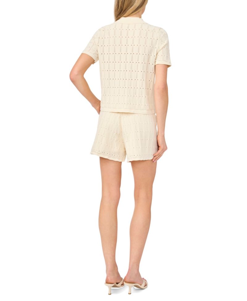 Women's Pointelle Short-Sleeve Collared Sweater