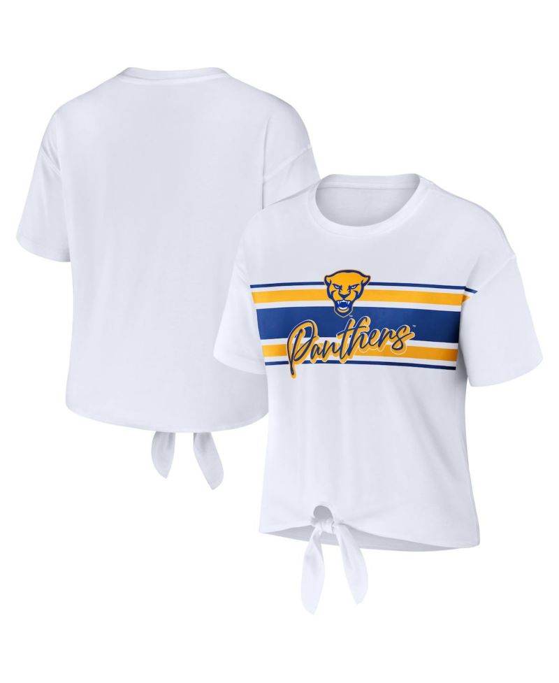 Women's White Pitt Panthers Striped Front Knot Cropped T-shirt