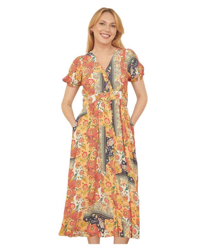 Women's Floral Patchwork Print Midi Shirt Dress