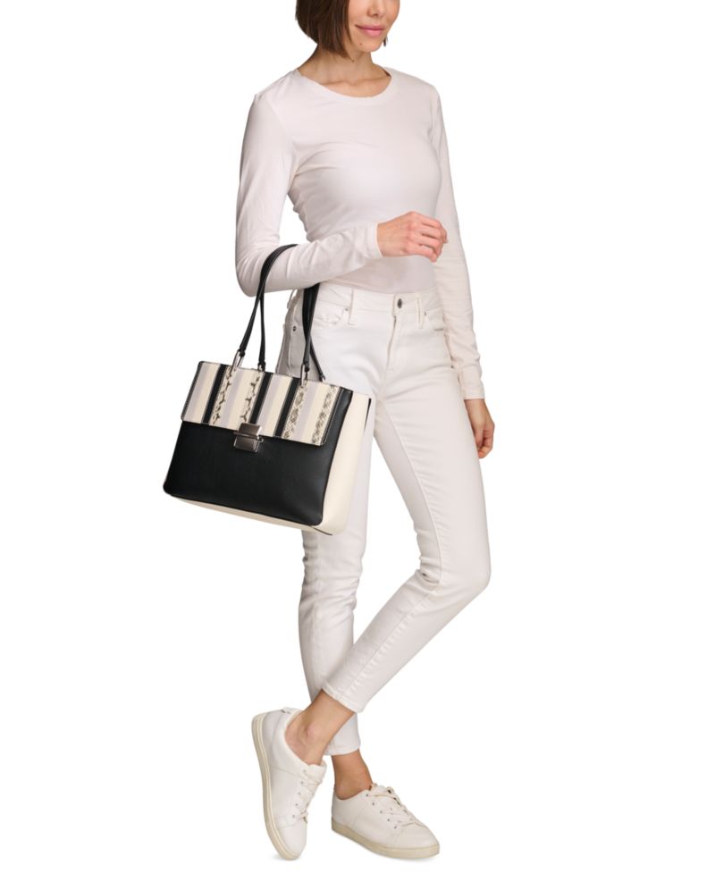 Clove Mixed Material Push-Lock Triple Compartment Tote Bag