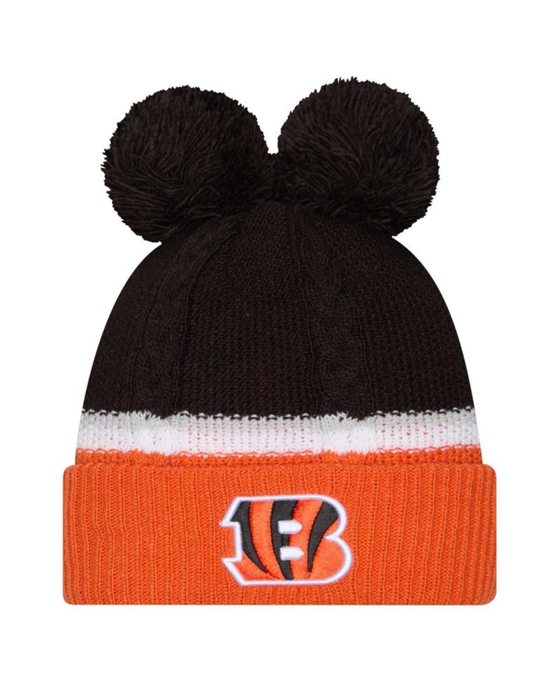 Women's Black Cincinnati Bengals Double Bubble Cuffed Knit Hat with Poms