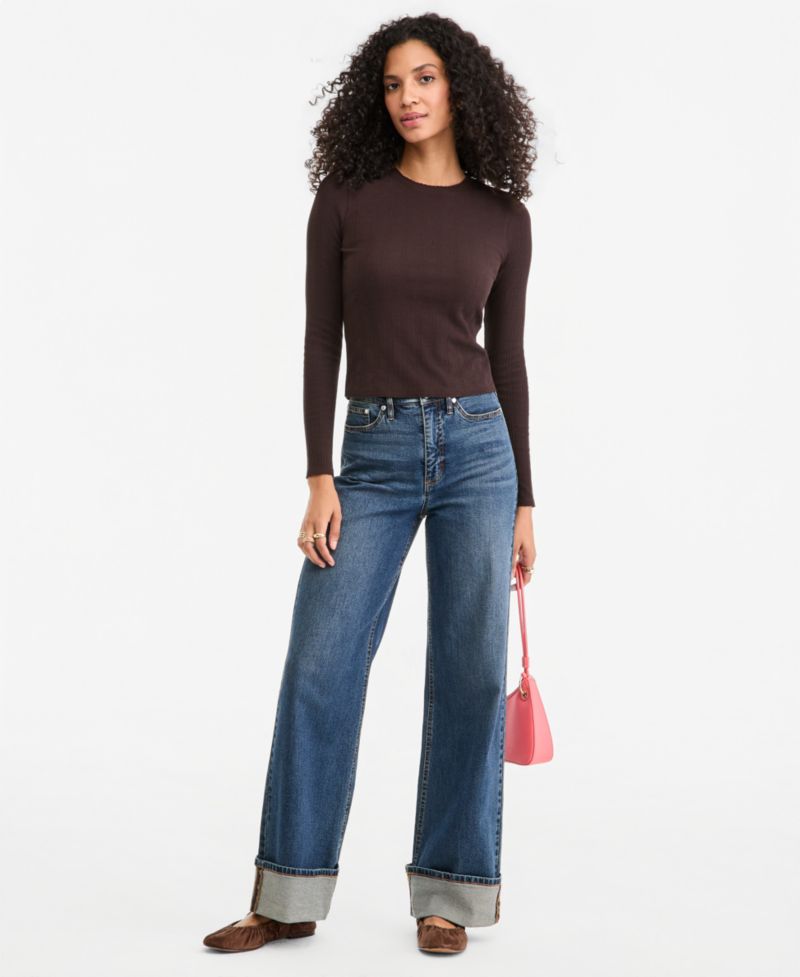 Plus Size Long-Sleeve Pointelle Cropped Meet & Greet T-Shirt