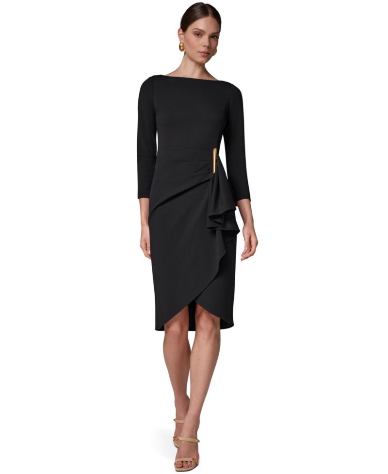 Petite Long-Sleeve Boat-Neck Side Cascade Ruffle Dress