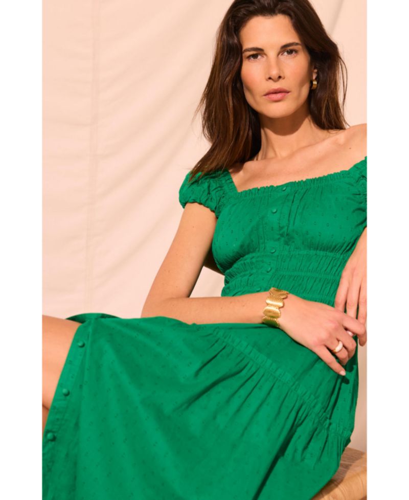 Women's Short-Sleeve Scoop-Neck Smocked Midi Dress