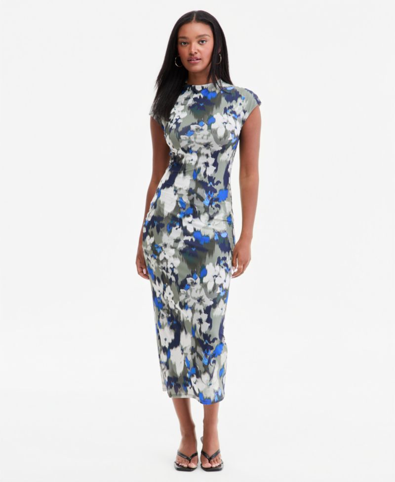 Women's Mock Neck Short-Sleeve Print Bodycon Midi Dress