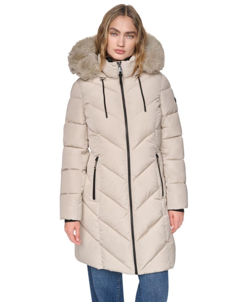 Women's Walker Length Puffer with Faux Fur Trimmed Hood Coat