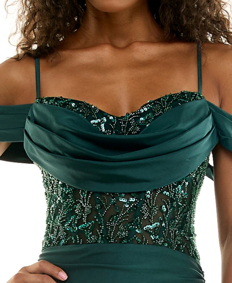 Juniors' Off-the-Shoulder Beaded Lace-up Back Gown