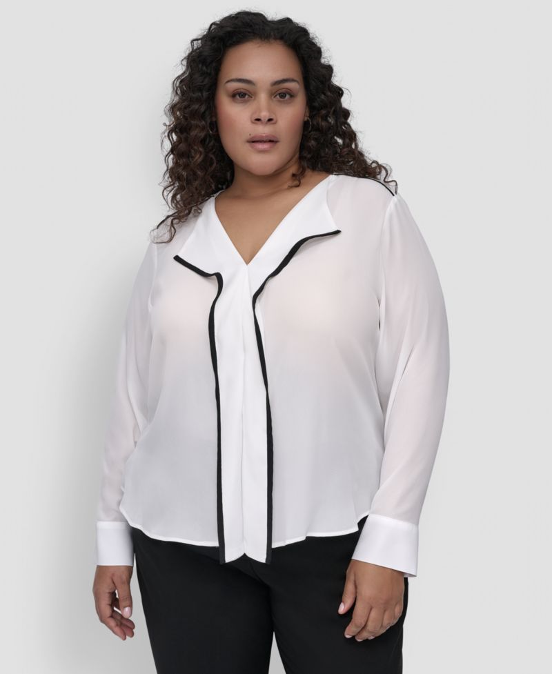 Plus Size Contrast-Trim Long-Sleeve Blouse