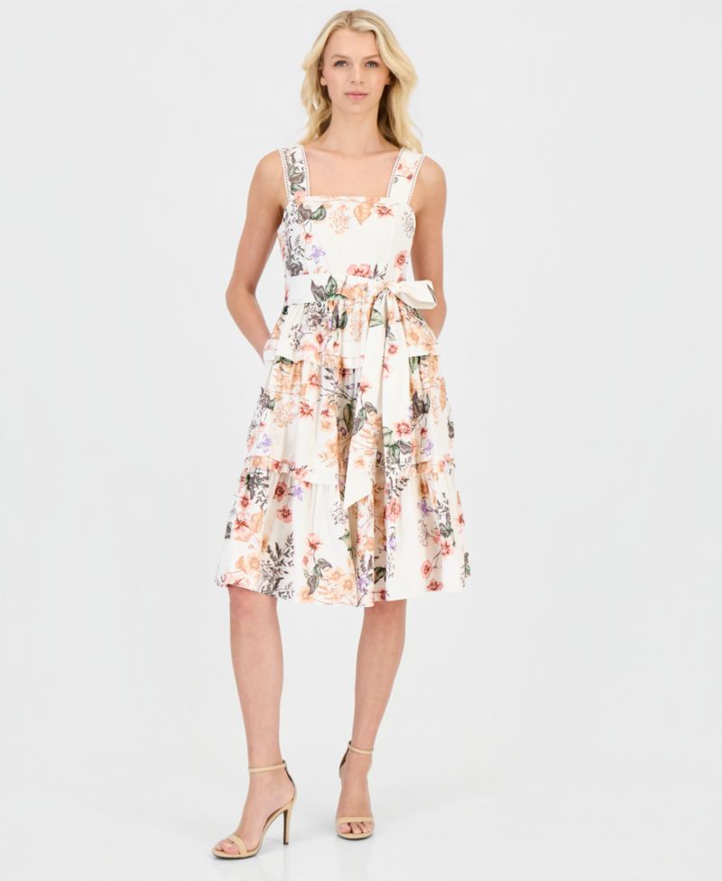 Petite Square Neck Printed Midi Dress