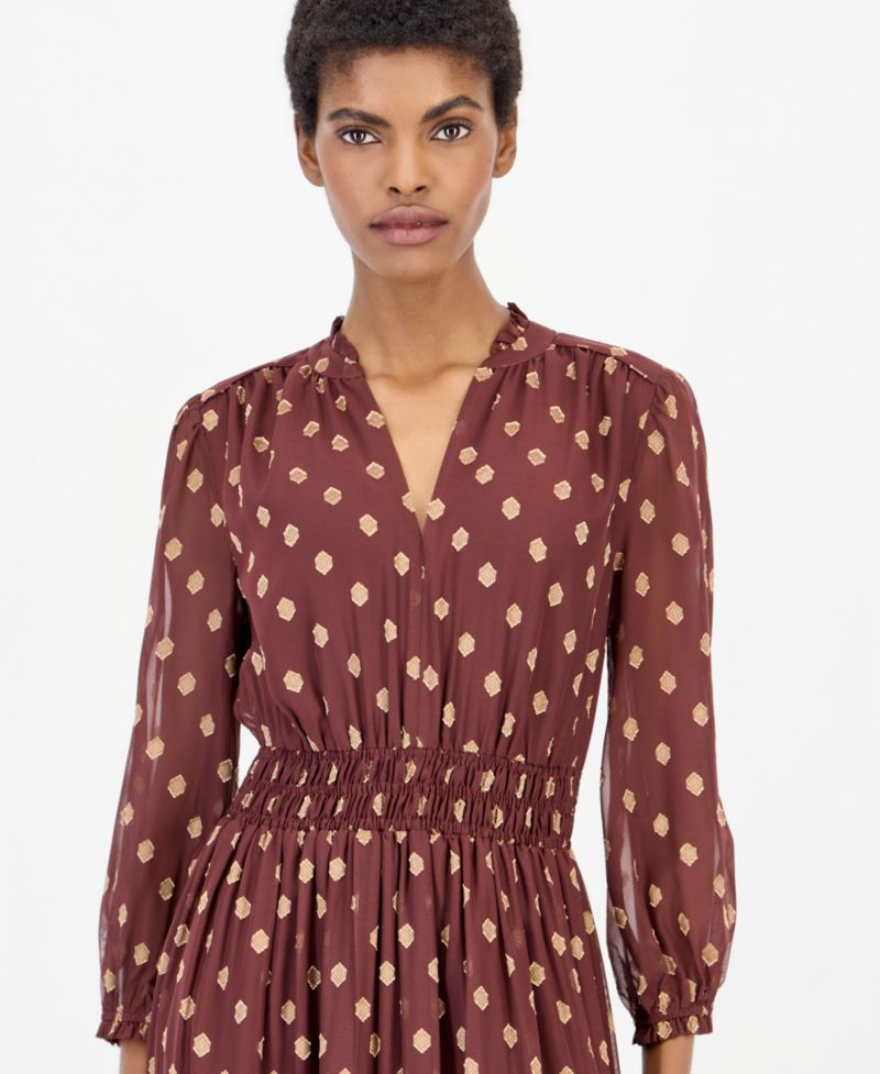 Women's Polka-Dot Ruffle Smocked-Waist Midi Dress