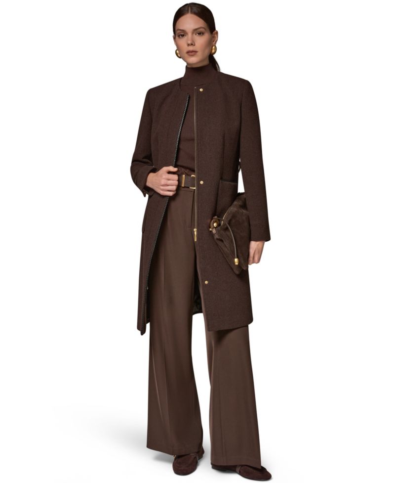 Women's Collarless Wool-Blend Pleather Trim Coat