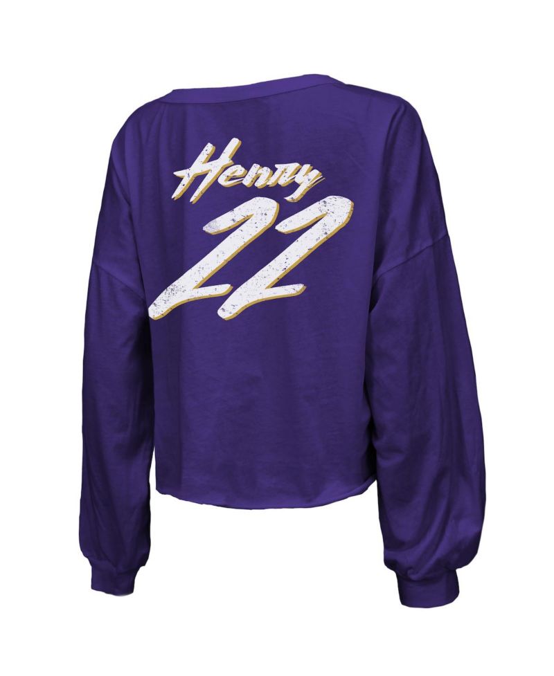 Women's Derrick Henry Purple Baltimore Ravens Name & Number Off-Shoulder Script Cropped Long Sleeve V-Neck T-Shirt