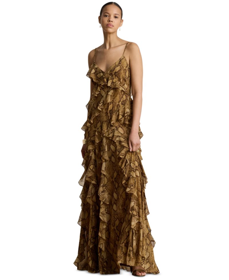 Women's Python-Print Ruffle-Trim Georgette Gown