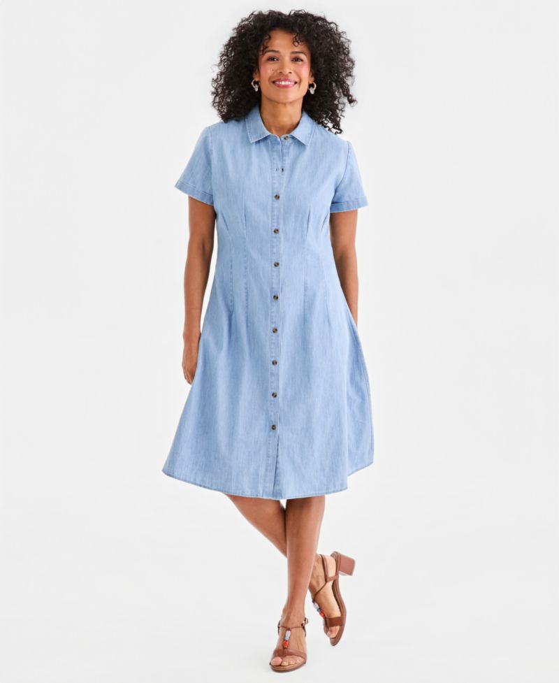 Women's Cotton Chambray Short-Sleeve Shirt-dress