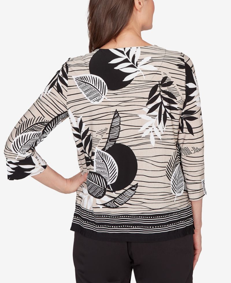 Women's Classic Tropical Leaf Border Print Split Neck Top