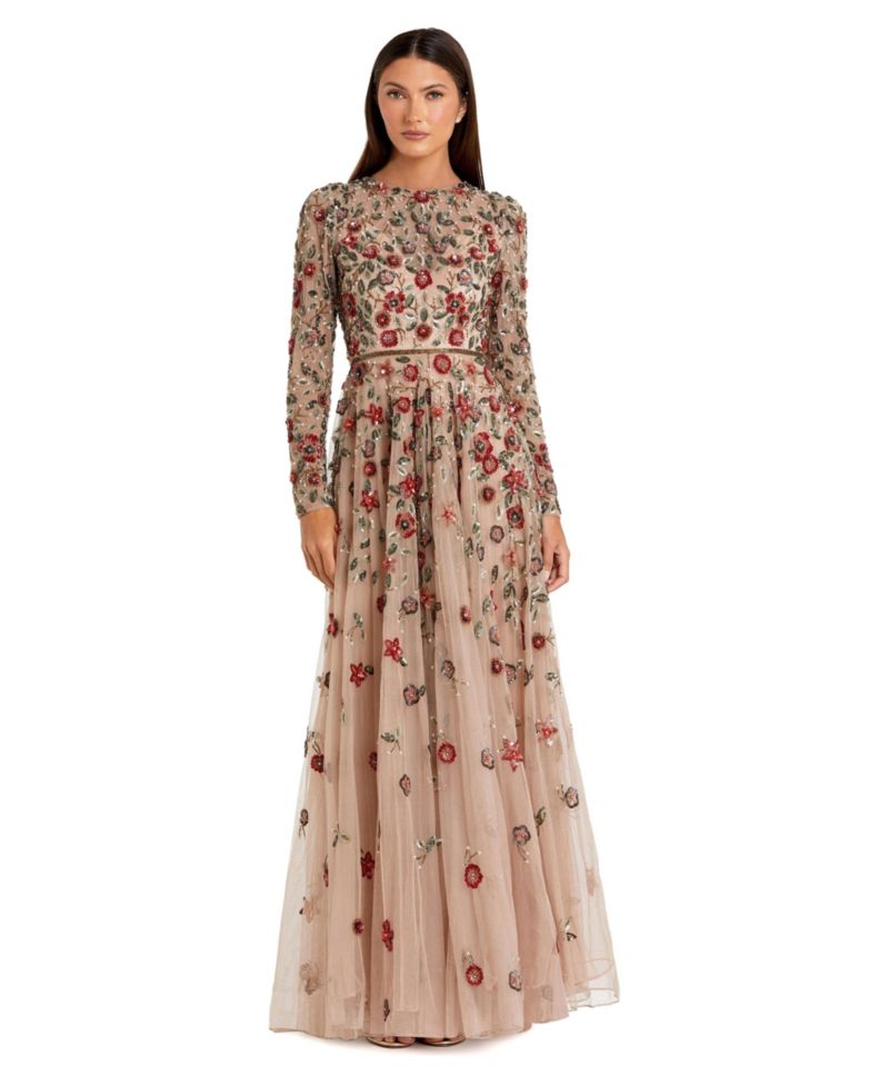 Petite Embellished High Neck Long Sleeve A-Line Gown